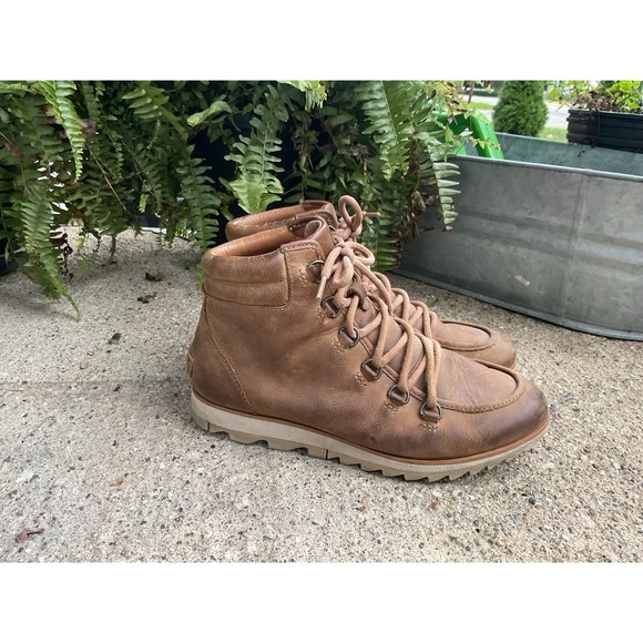 Sorel Harlow Camel Brown Leather Lace Up Ankle Boots Womens Size 8.5 - Picture 1 of 6